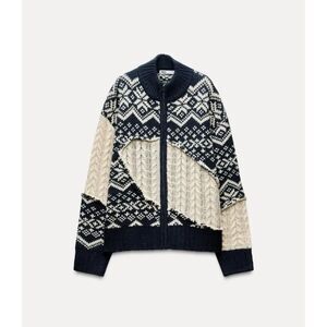Navy White Zara Fair Isle Cable Knit Zip Front Collared Cardigan Sweater, NWT